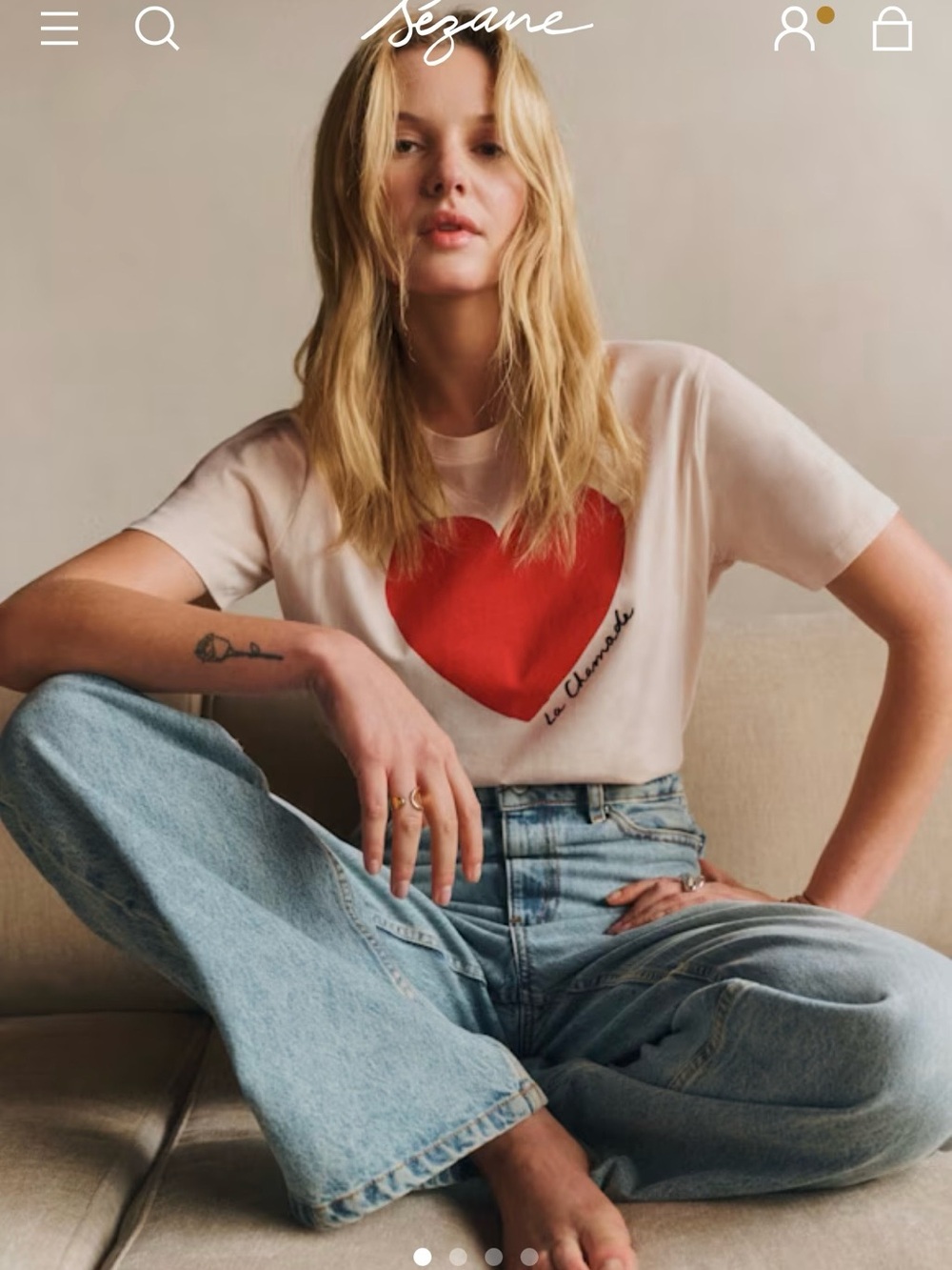 Sézane Heart La Chamade Graphic Tee in Light Ecru/Cream with Red Heart